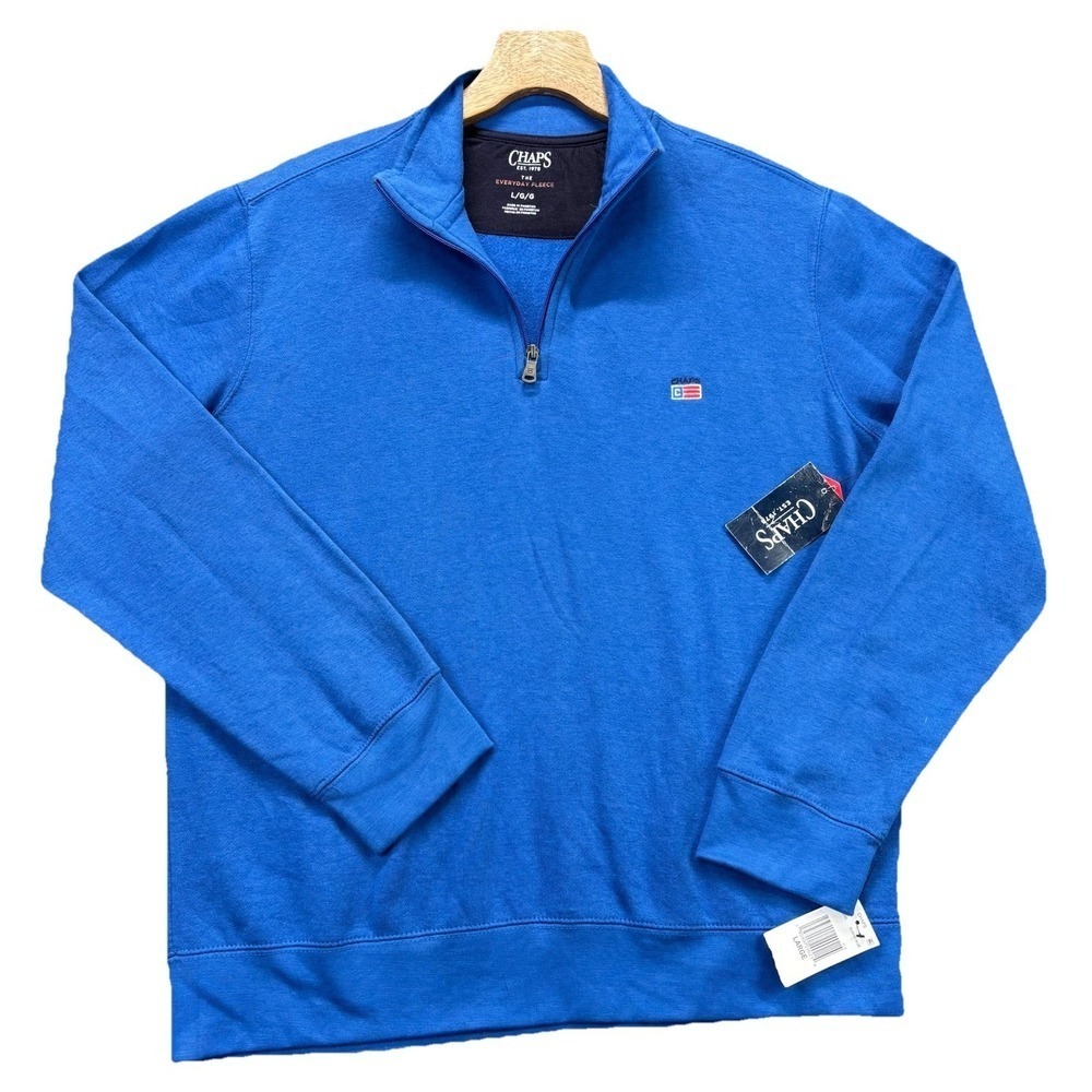 CHAPS Everyday Fleece Sweater‎ Mens L 1/4 Zip Pullover Blue Flag Logo NWT